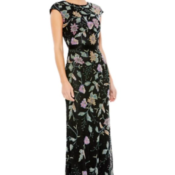 MAC DUGGAL FLORAL BAEDED TULLE COLUMN GOWN BLACK MULti GOWN sz 14 - Picture 1 of 6